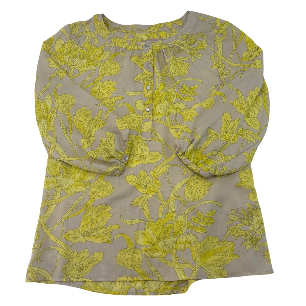 Banana Republic Yellow Floral Henley Blouse 3/4 Sleeve Taupe Small